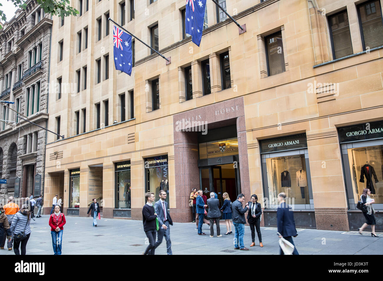 Challis House and australian national flags in Martin Place,Sydney city