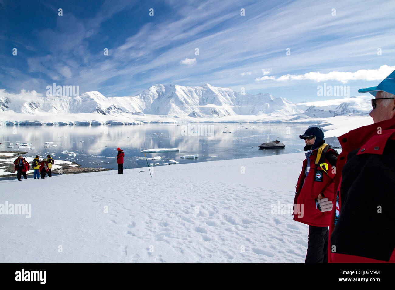 Cruise ship Antarctica expedition with tourists view Antarctic landscape,  Antarctic Peninsula. Stock Photo