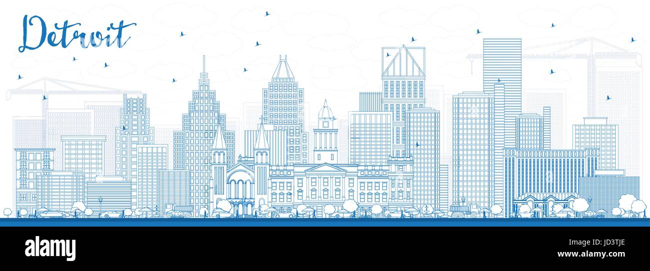 Outline Detroit Skyline with Blue Buildings. Vector Illustration. Business Travel and Tourism Concept with Modern Architecture. Stock Vector