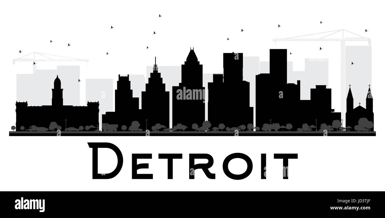 Detroit City skyline black and white silhouette. Simple flat concept for tourism presentation, banner, placard or web site. Cityscape with landmarks.  Stock Vector