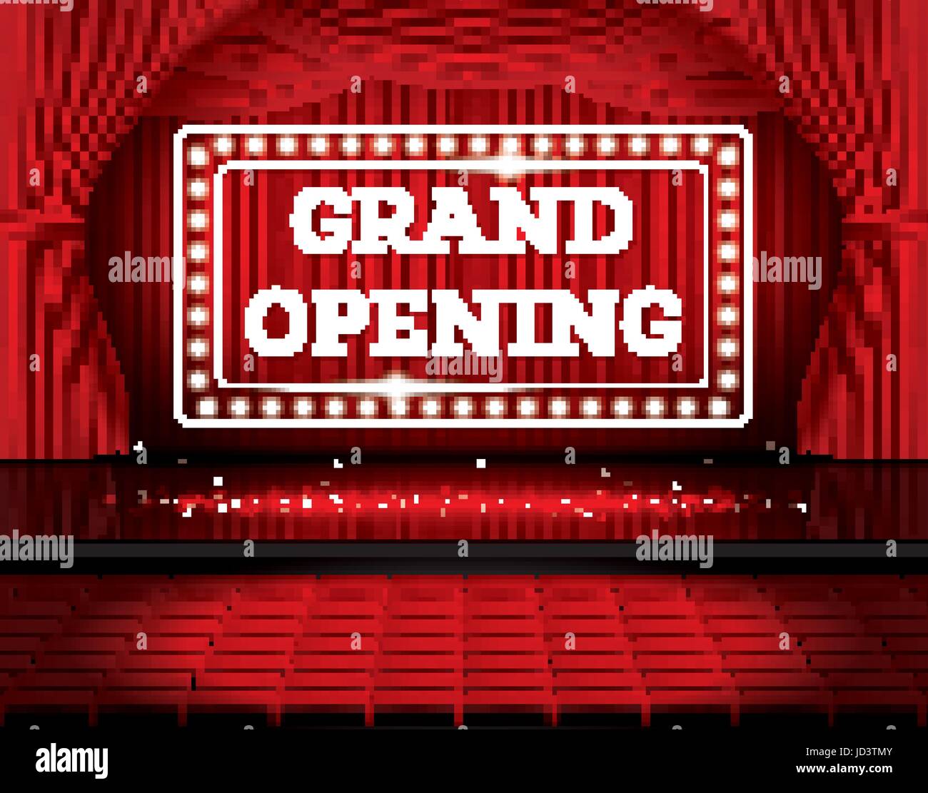Grand Opening. Open Red Curtains with Neon Lights. Vector Illustration