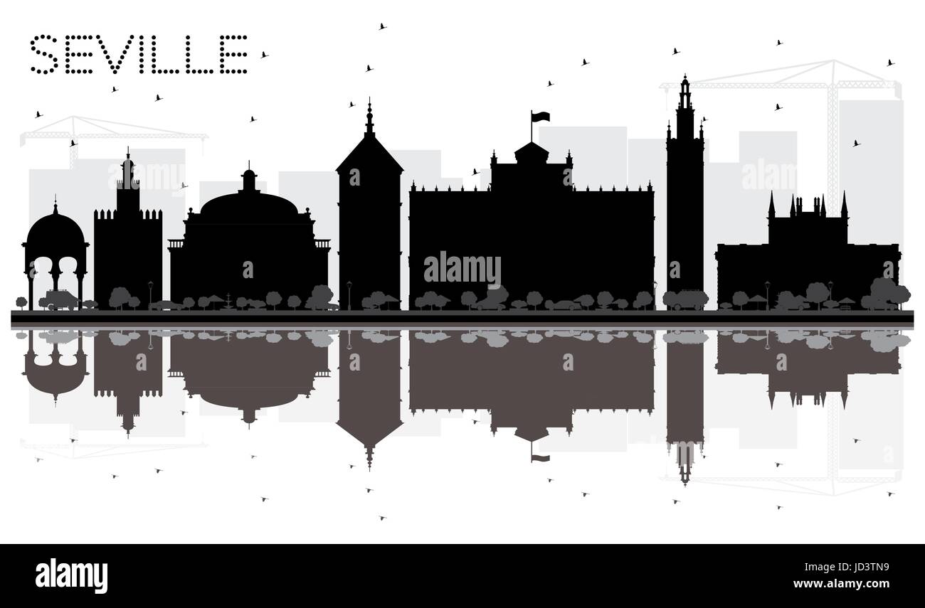 Seville City skyline black and white silhouette with reflections. Vector illustration. Cityscape with landmarks. Stock Vector