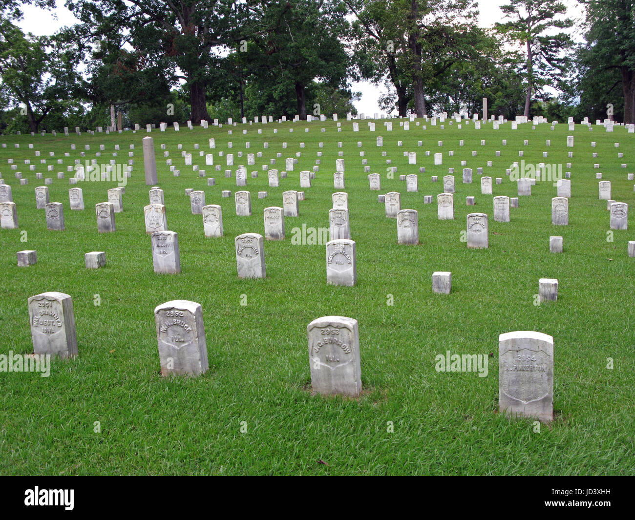 Shiloh National Cemetery in Shiloh, Tennessee contains the remains of 3,584 Union Soldiers who died in the battlefields of Shiloh. Stock Photo
