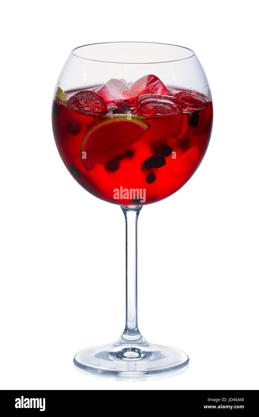 Blackberry cocktail with a sparkling wine, lime and ice cubes in round