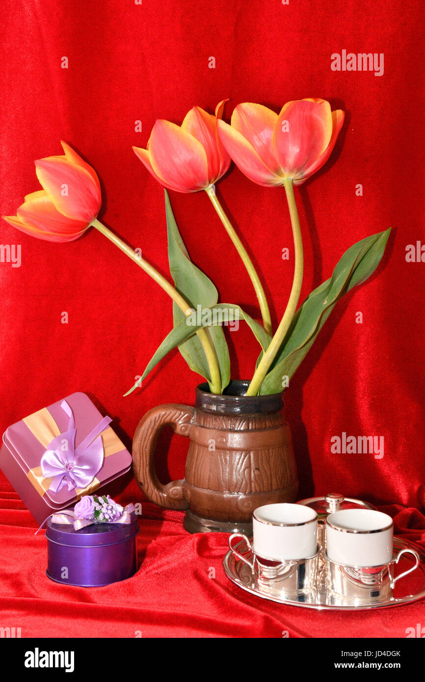 Still life with tulips on a red background Stock Photo - Alamy