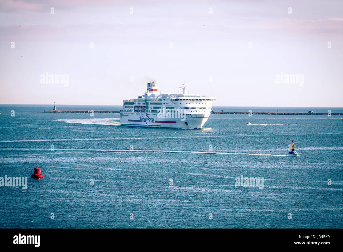 large Brittany Ferries ferry Pont Aven sailing into port, Plymouth Sound, The Hoe, Devon