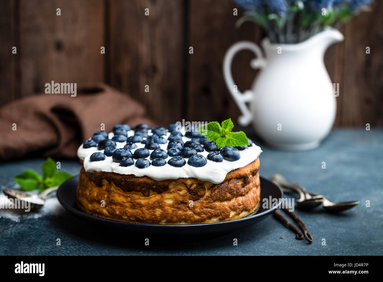 Blueberry cake with fresh berries and whipped cream, cheesecake Stock ...