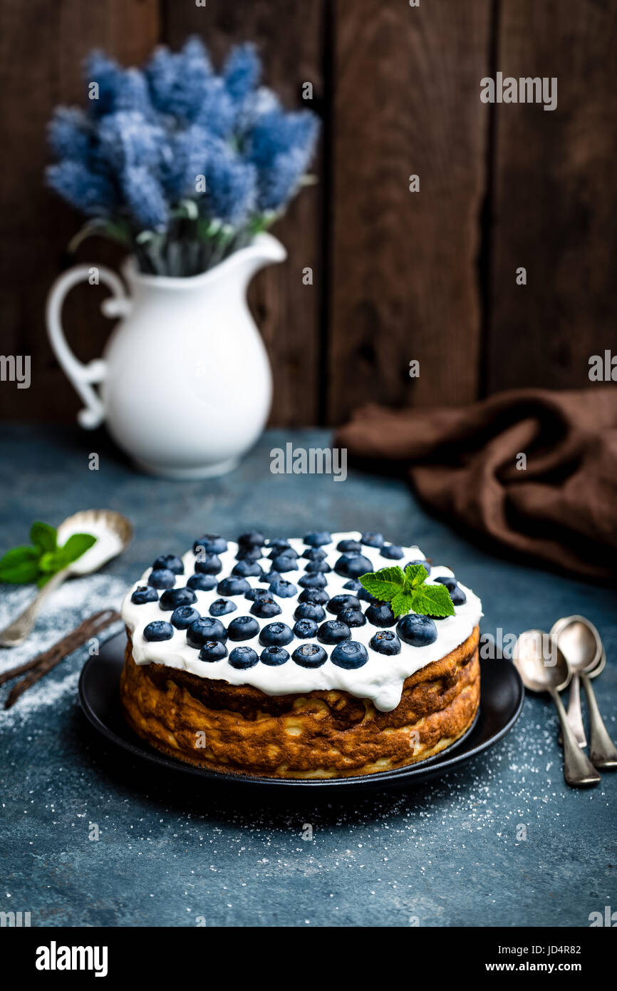 Blueberry cake with fresh berries and whipped cream, cheesecake Stock ...