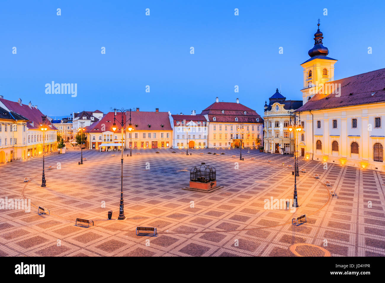 Sibiu, Romania. Large Square (Piata Mare) with the City Hall and Brukenthal palace in Transylvania. Stock Photo