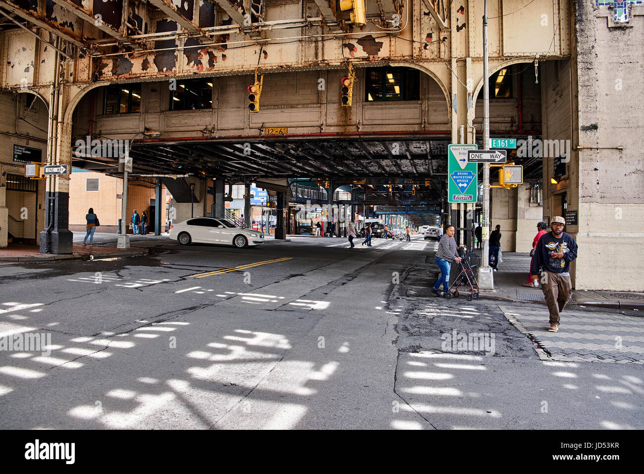 NEW YORK CITY - SEPTEMBER 27, 2016: Crossings under the train bridge at East 161 Street in Bronx near Yankee Stadium Stock Photo