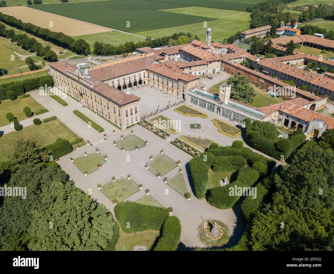 Villa Arconati, Castellazzo, Bollate, Milan, Italy. Aerial view of Villa Arconati 17/06/2017. Gardens and park, Groane Park. Palace, baroque style pal Stock Photo