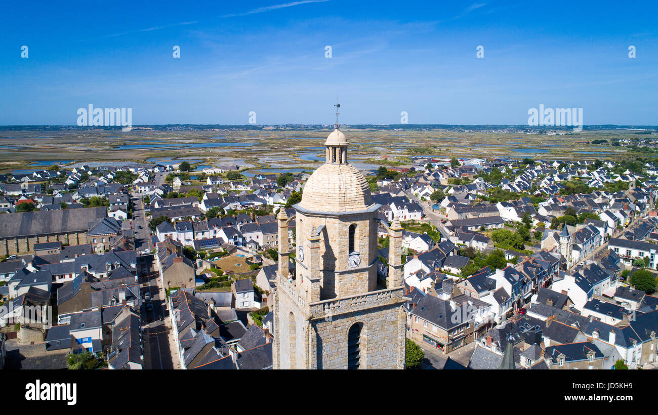 Aerial photography of Batz sur Mer village, Saint Guenole church and Guerande salt marshes in Loire Atlantique, France Stock Photo
