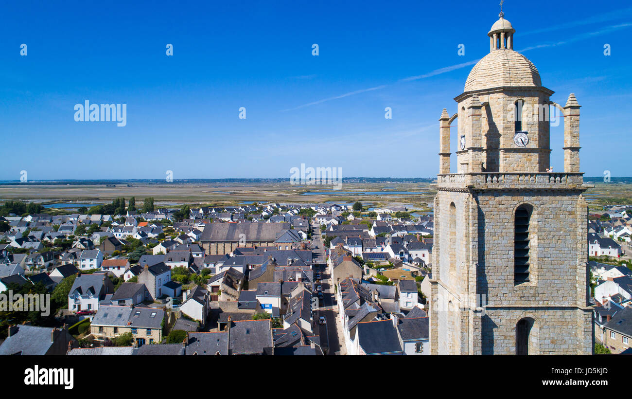 Aerial photography of Batz sur Mer village, Saint Guenole church and Guerande salt marshes in Loire Atlantique, France Stock Photo