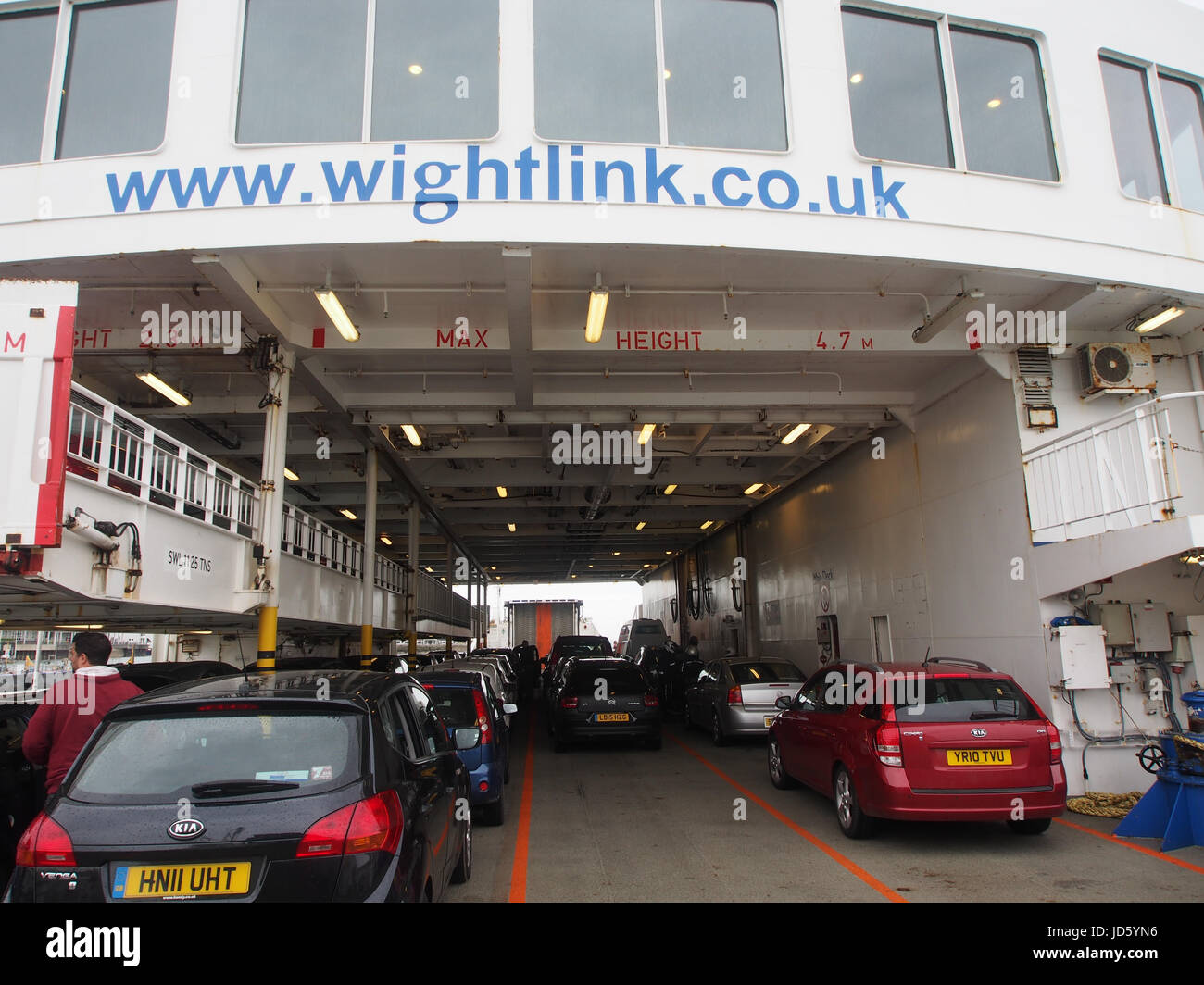 The main vehicle deck of the Portsmouth to Isle of Wight car ferry Stock Photo