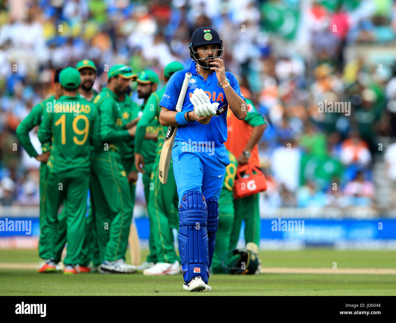 India's Yuvraj Singh walks off during the ICC Champions Trophy final at