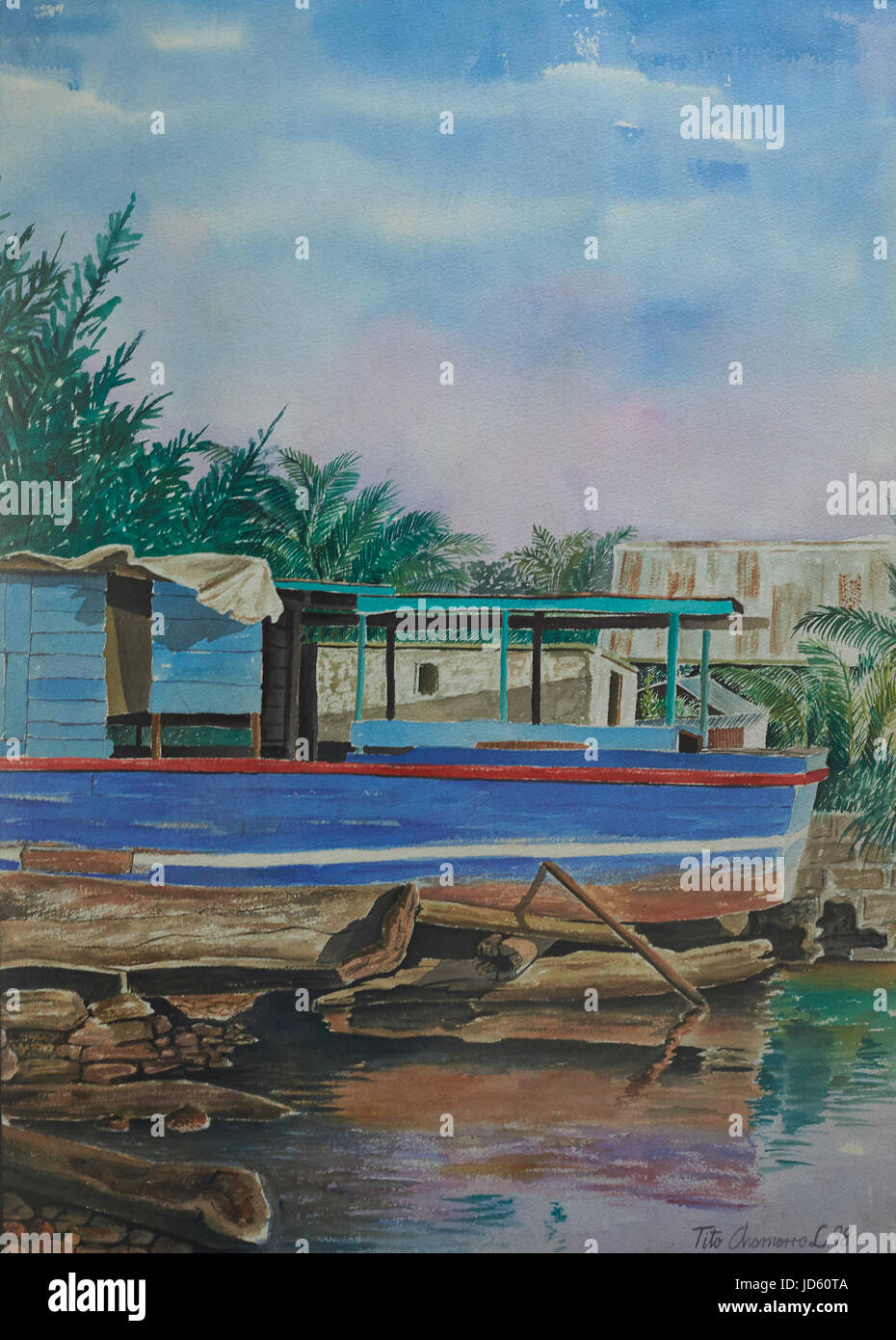 Managua, Nicaragua - June 13, 2017: Blue boat in caribbean beach painting of caribbean artist Tito Chomorro L Stock Photo