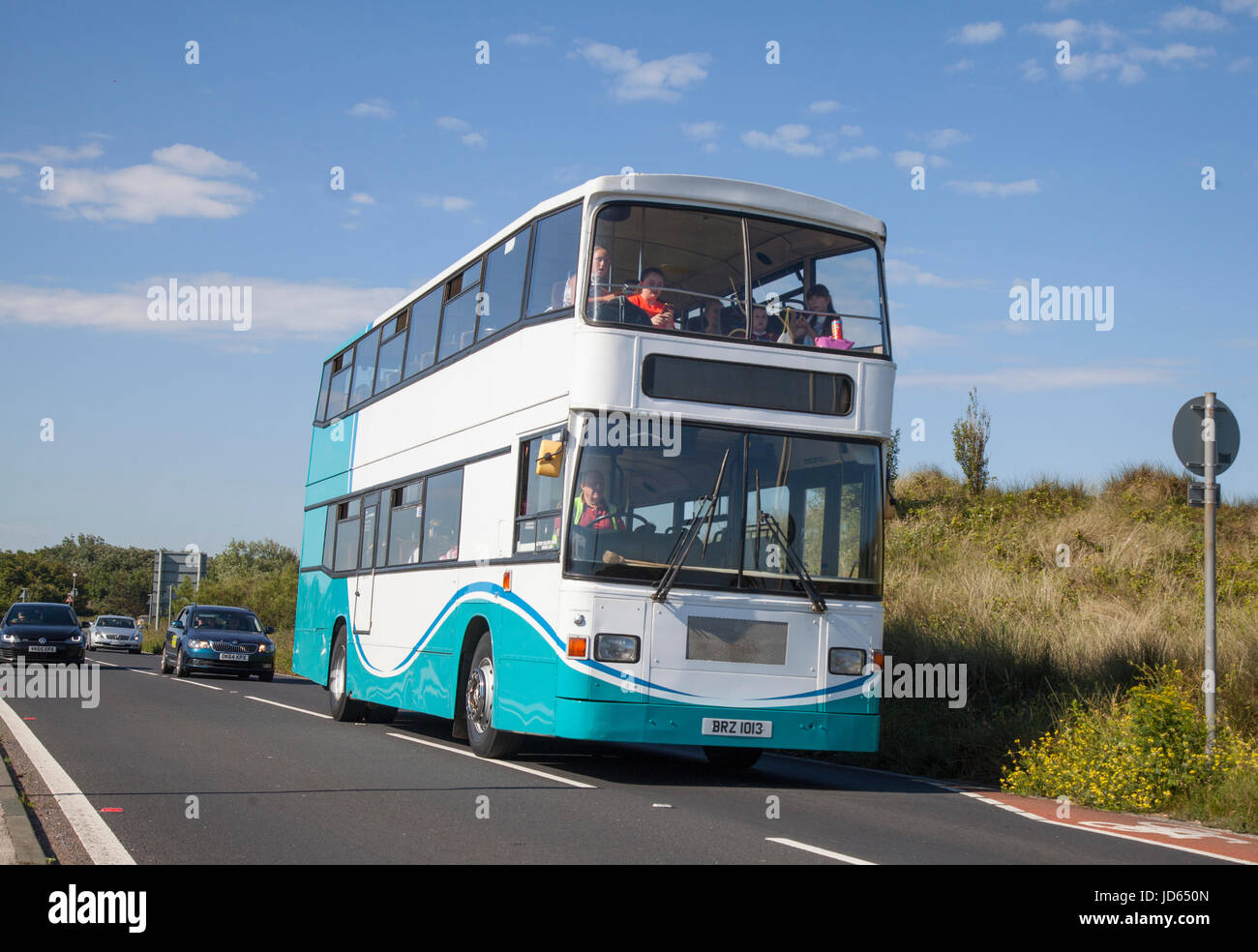2005 diesel multi-coloured double-decker, Hiltons Travel of Newton le Willows 9400cc diesel Volvo Bus Stock Photo