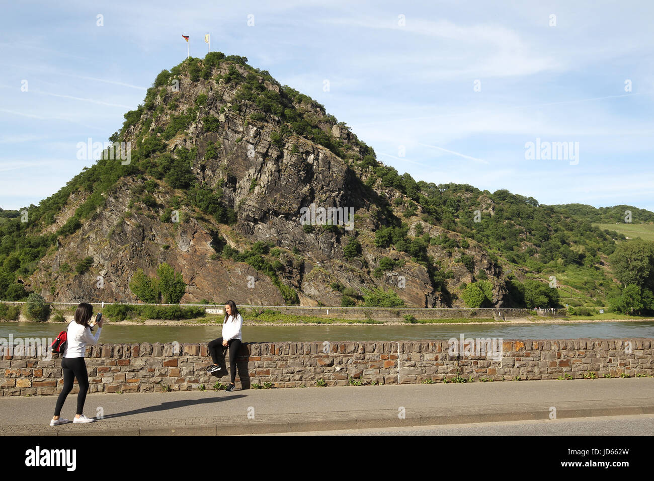 Loreley rock stands along the Rhine River in the Middle Rhine Valley. A UNESCO World Heritage Site.Lorelei in English Stock Photo