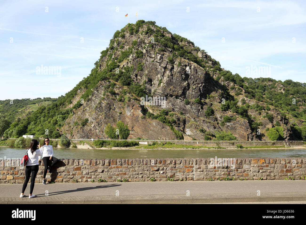 Loreley rock stands along the Rhine River in the Middle Rhine Valley. A UNESCO World Heritage Site.Lorelei in English Stock Photo
