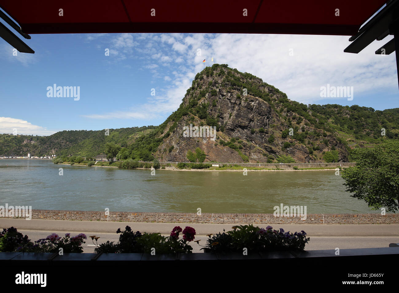 Loreley rock stands along the Rhine River in the Middle Rhine Valley. A UNESCO World Heritage Site.Lorelei in English Stock Photo