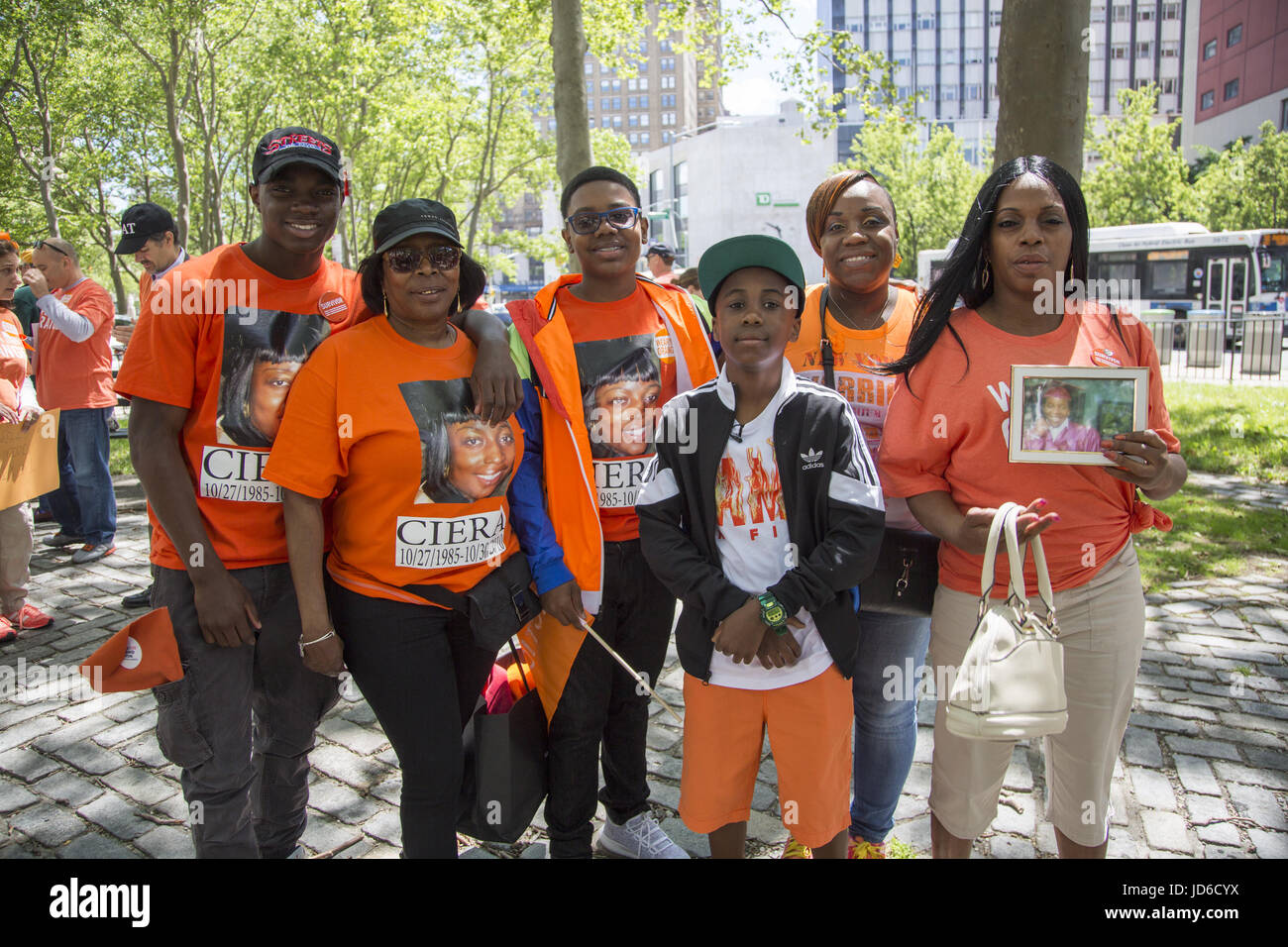 Members and allied groups of 'Moms Demand Action for Gun Sense in America' prepare for their annual walk across the Brooklyn Bridge in New York City. Stock Photo