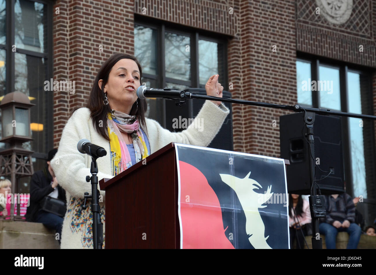 ANN ARBOR, MI - JAN 21:  UAW Vice-President Cindy Estrada addresses the Women’s March in Ann Arbor on January 21, 2017. Stock Photo