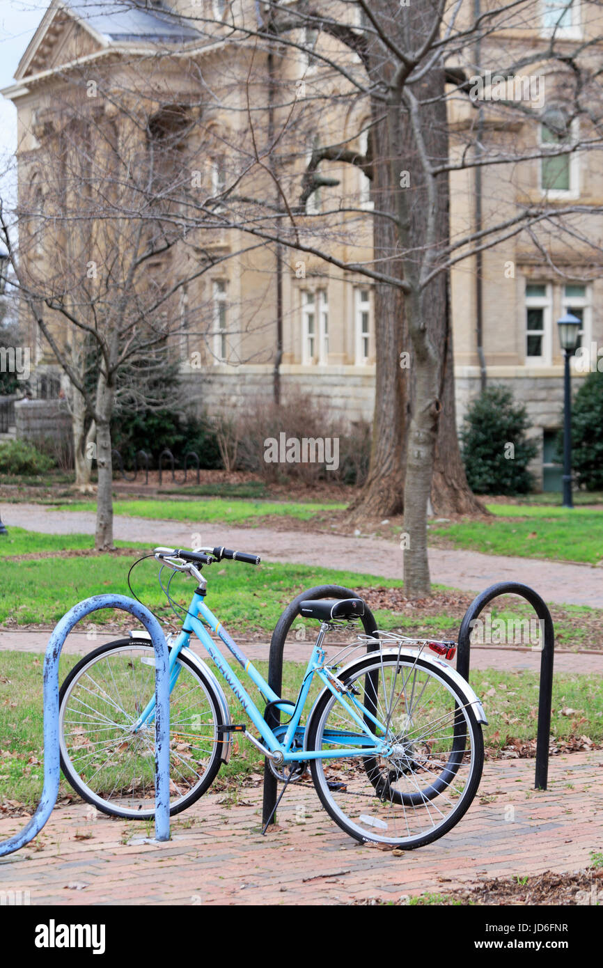 Light blue bicycle on the University of North Carolina Chapel Hill, UNC, campus. Stock Photo