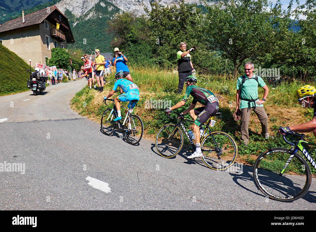 MONTVERNIER, FRANCE - JULY 23 2015: Jacob Fuglsang leading a group of riders up a mountain in Tour de France 12015, stage 18 Stock Photo
