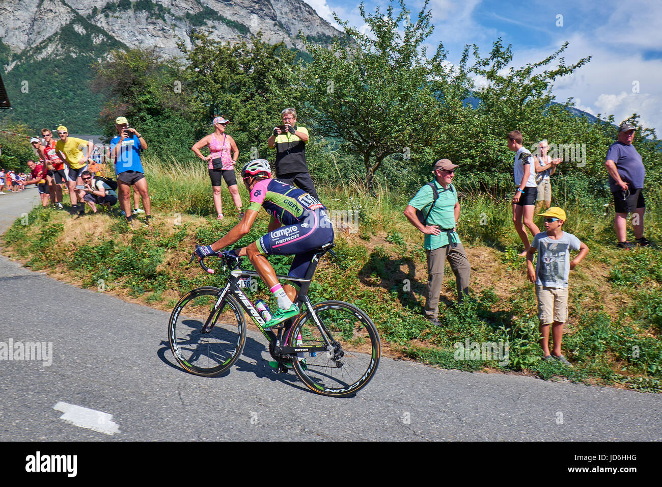 MONTVERNIER, FRANCE - JULY 23, 2015: Ruben Plaza Molina, from team Lampre, in a hairpin turn on the mountain roads on his way up Montvernier in the To Stock Photo