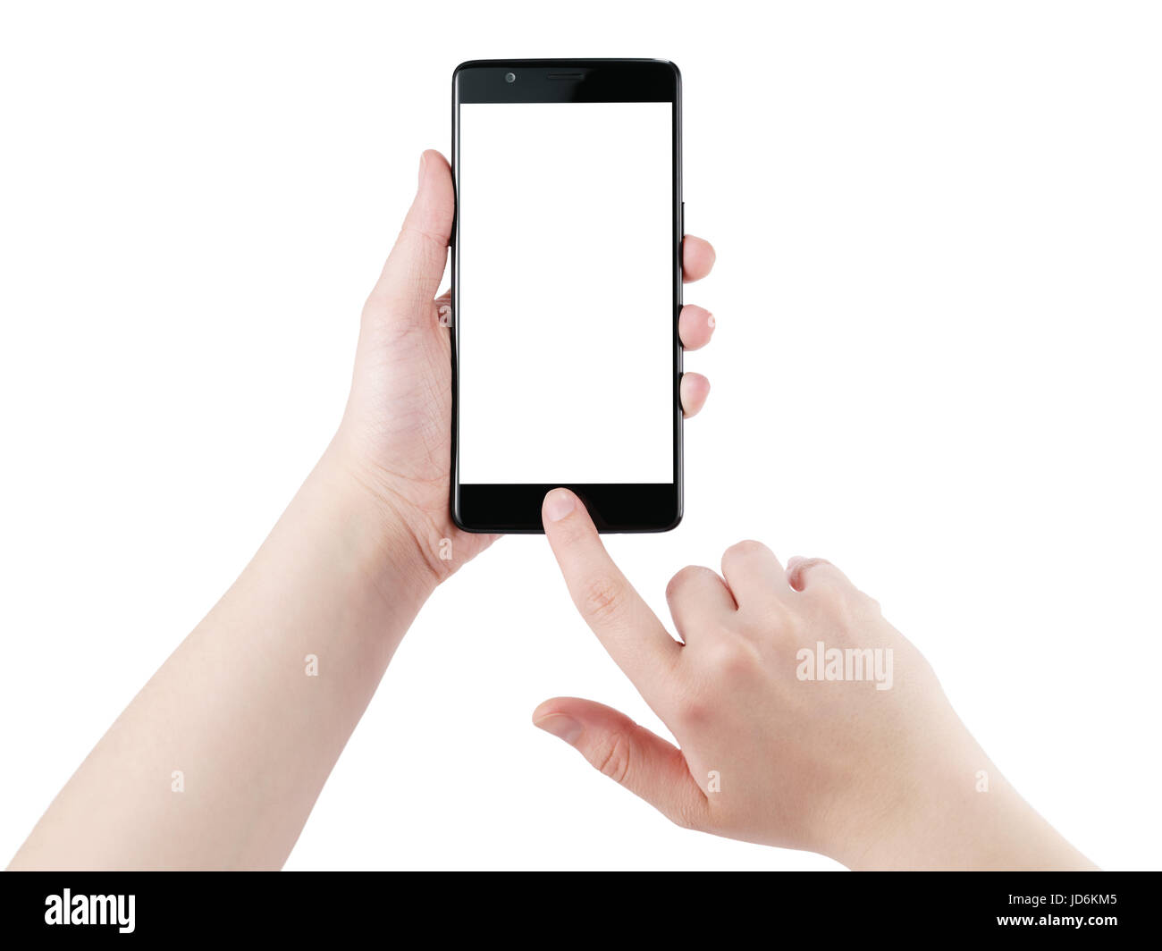 female teen hand using smartphone with blank screen isolated on white ...