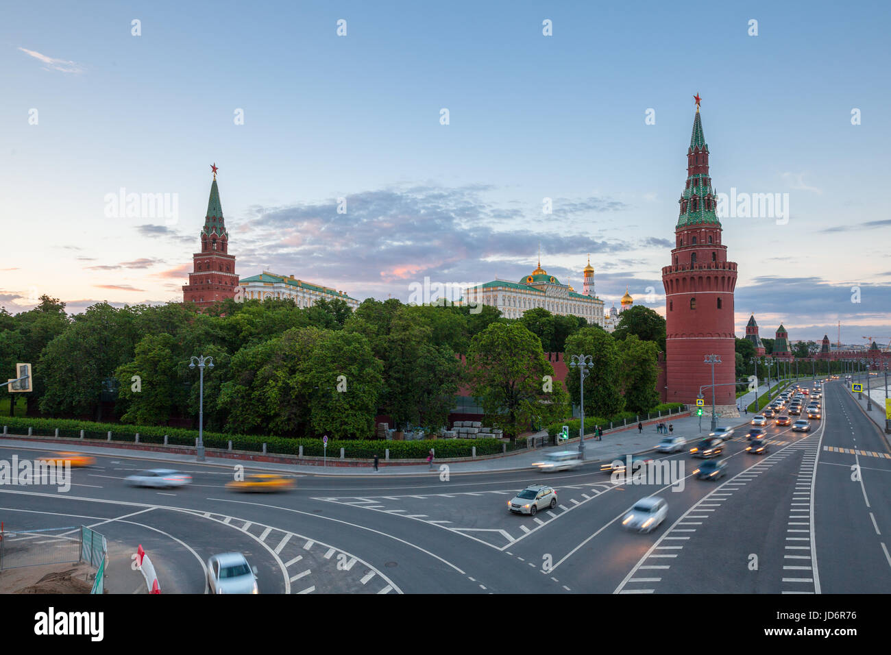 Beautiful sunset view of the Moscow Kremlin from Bolshoy Kamenny Bridge, Moscow, Russia. Stock Photo