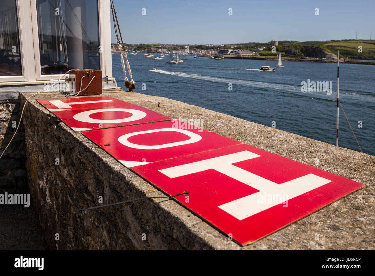 Hoot! The Royal Corinthean Yacht Club, Plymouth, uses a hoot sign rather than a claxon when there is a wedding at the premises. Stock Photo