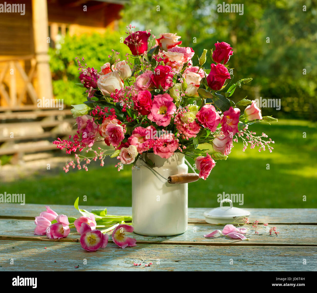 Bouquet of flowers with roses and tulips. Stock Photo