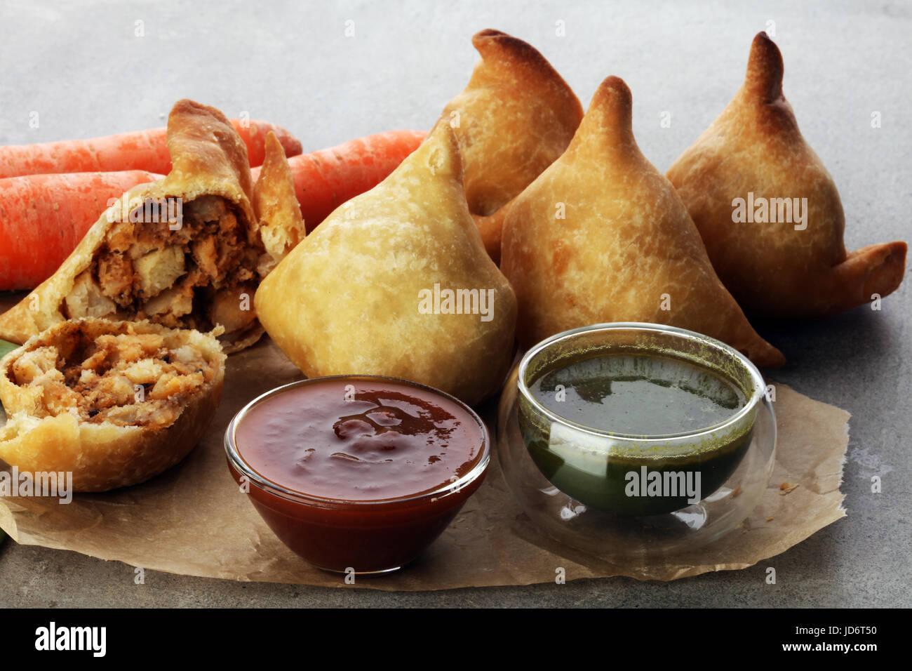 Indian special traditional street food punjabi samosa or Coxinha, Croquete and other Fried Brazilian Snacks Stock Photo