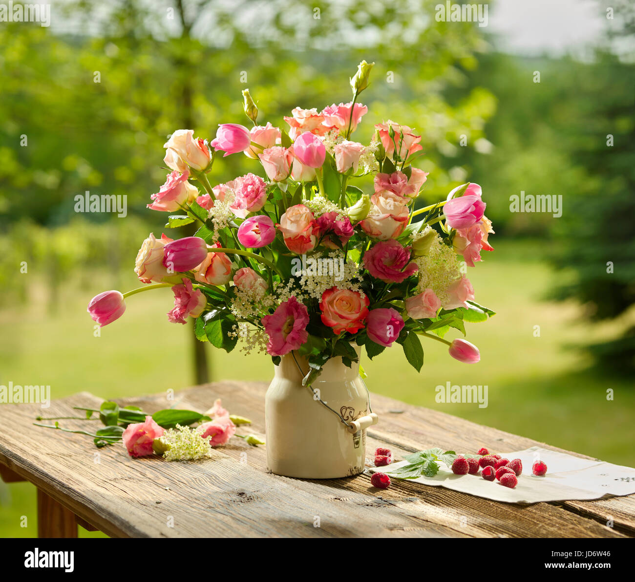 Bouquet of flowers with tulips and roses. Stock Photo