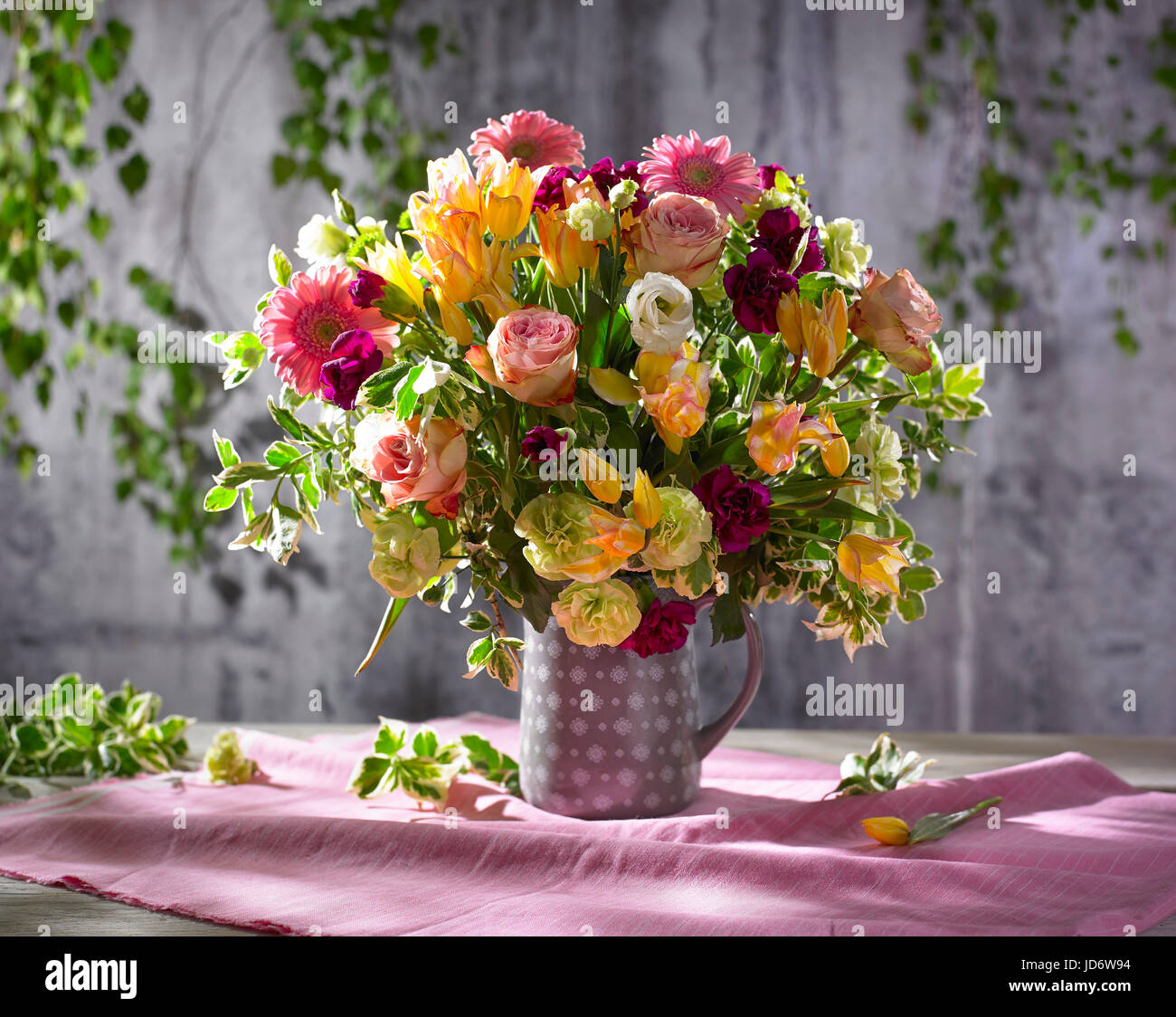 Bouquet of flowers with roses, gerbaras. Stock Photo