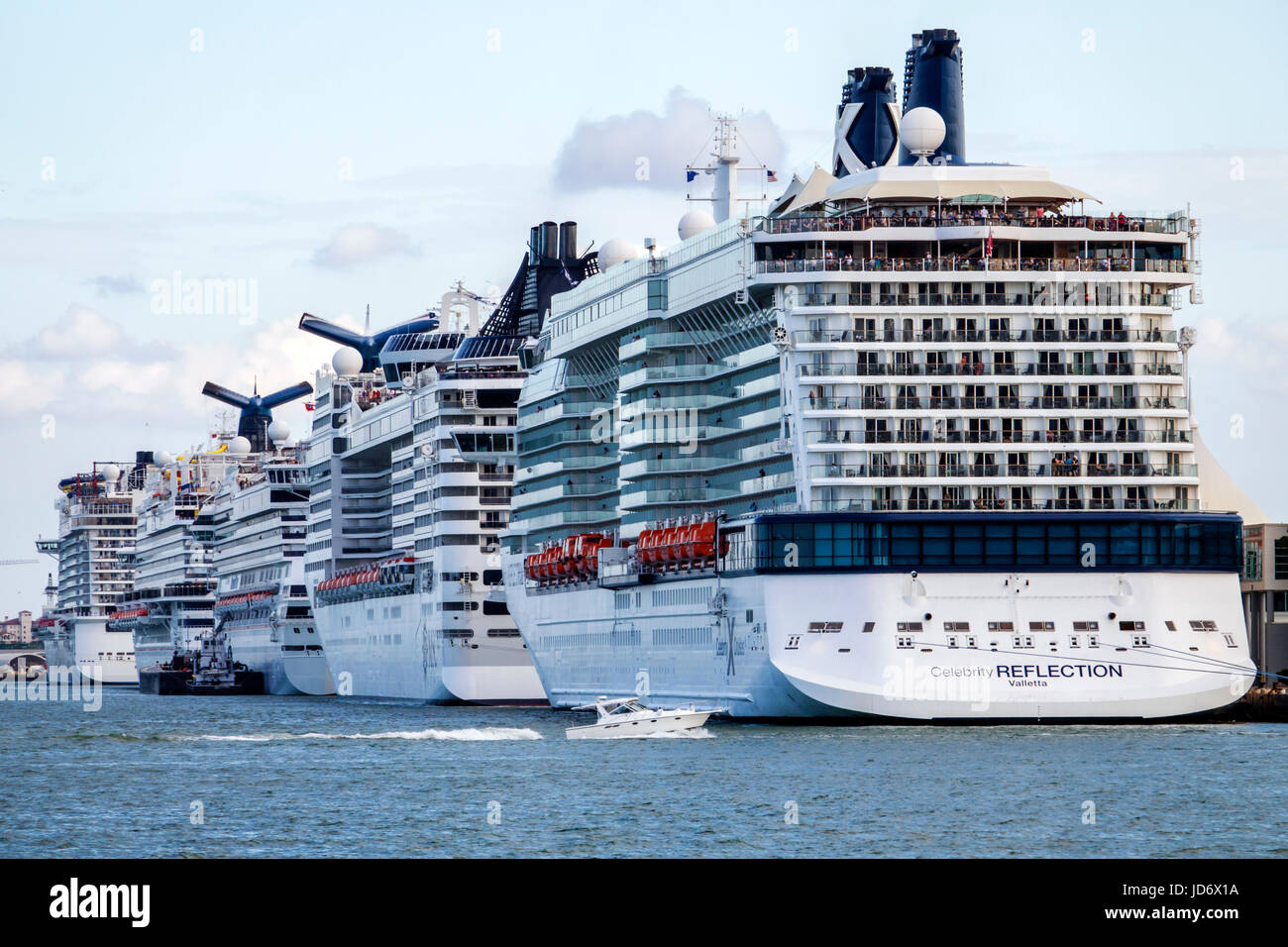Miami Florida,Downtown,Port of Miami,cruise ships,docked,motor boat,water,Celebrity,Reflection,FL170331244 Stock Photo