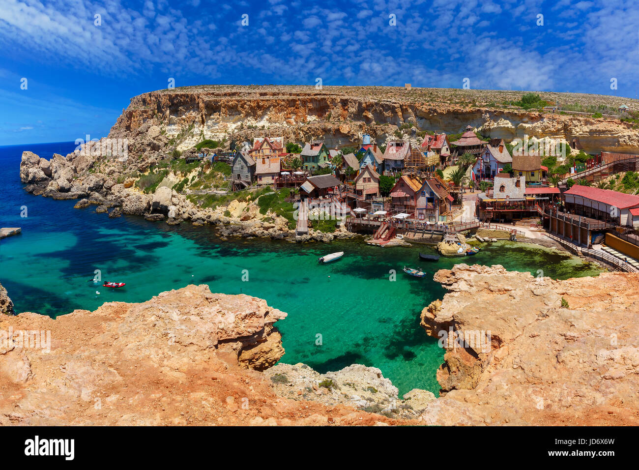 Famous Popeye Village at Anchor Bay, Malta Stock Photo