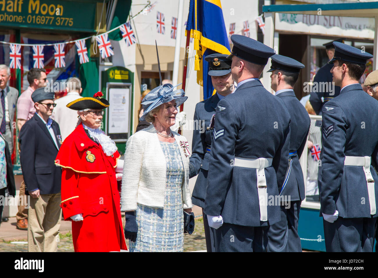 Brampton, UK. 18th June, 2017. RAF Spadeadam received the Freedom of Brampton on Jun 18 2017. The Lord Lieutenant of Cumbria, Claire Hensman and Station Commander Wing Commander Ruari Henderson-Begg, inspect the troops at the ceremony Credit: Andrew Cheal/Alamy Live News Stock Photo