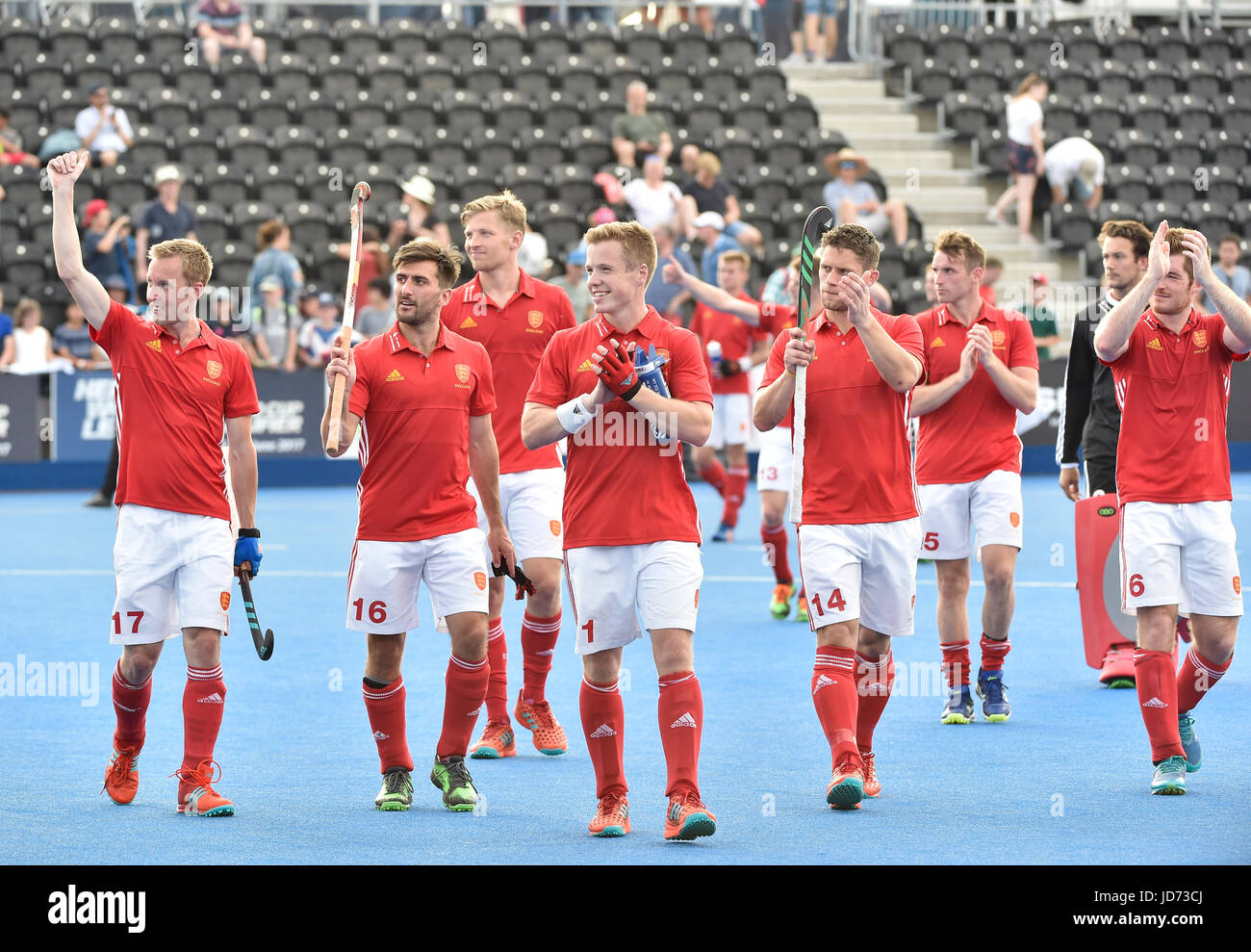 London, UK. 18th June, 2017. England Hockey team greet England support
