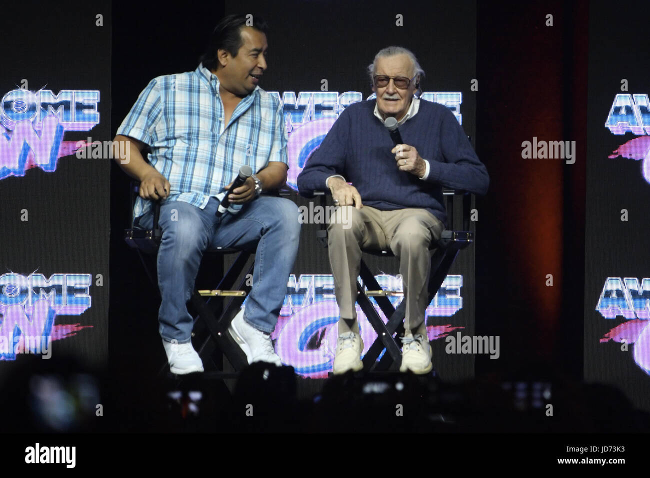 Washington, District of Columbia, USA. 18th June, 2017. Stan Lee, of Marvel Comics fame, speaking during a Q&A session at Awesome Con 2017. Sitting next to him, moderating the session, is a man that Stan introduced as Max. Credit: Evan Golub/ZUMA Wire/Alamy Live News Stock Photo
