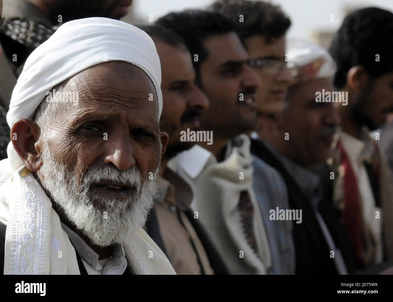 Sanaa. 18th June, 2017. People attend a gathering against the Saudi-led coalition and the airstrike killing Yemeni civilians in Sanaa, Yemen on June 18, 2017. A total of 25 people were killed when a Saudi-led coalition warplane struck a popular market in Yemen's northern province of Saada, Houthi-controlled state Saba news agency reported on Sunday. The agency quoted an official as saying the airstrike happened on Saturday evening and targeted al-Mashnak popular market at the center of Shada district in Saada. Credit: Mohammed Mohammed/Xinhua/Alamy Live News Stock Photo