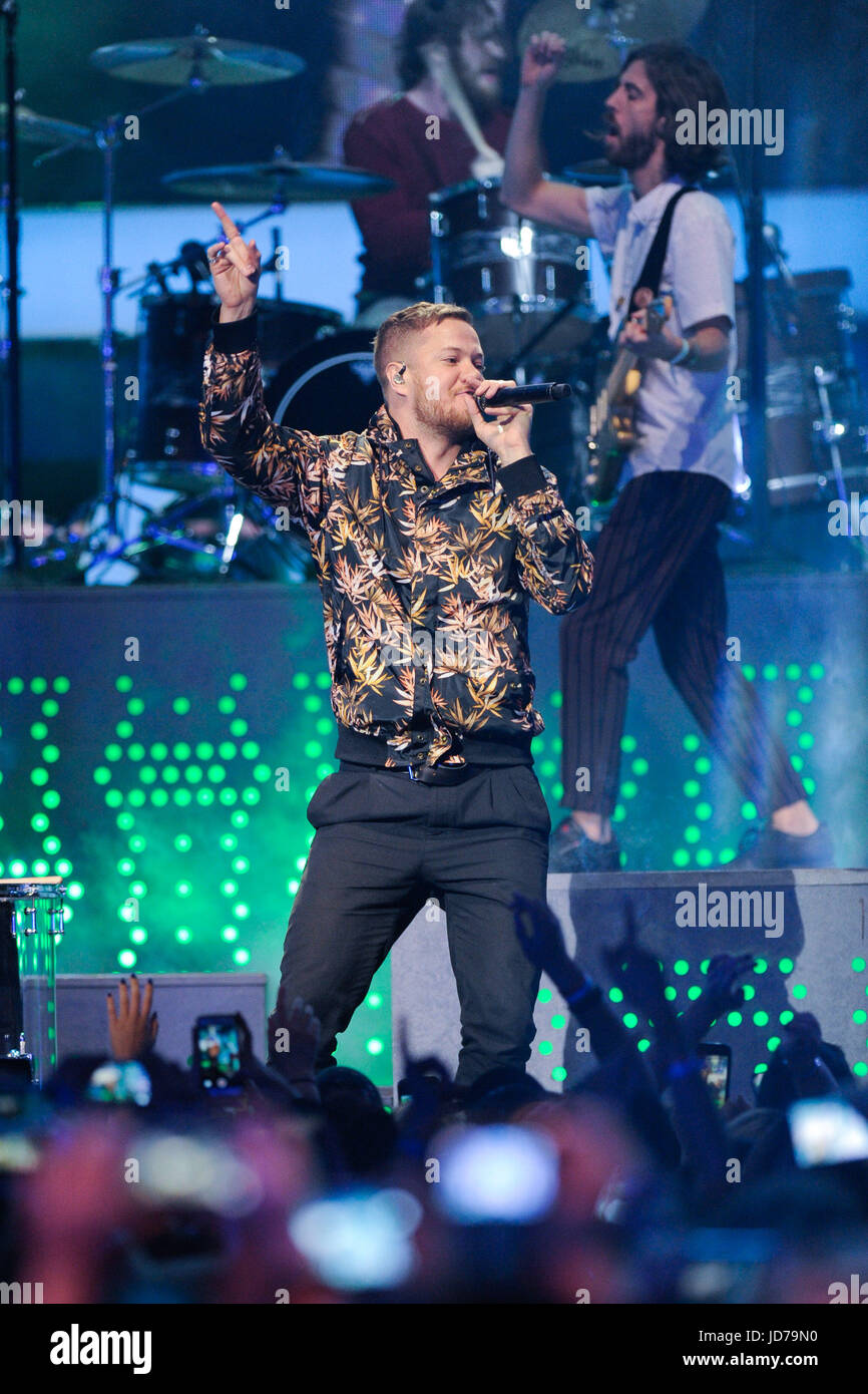 Toronto, Canada. 18th June, 2017. Imagine Dragons with Dan Reynolds performing on stage at the iHeartRadio Much Music Video Awards. Credit: EXImages/Alamy Live News Stock Photo