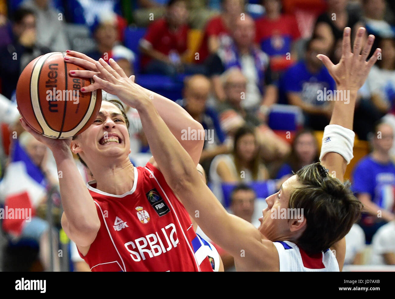 Tamara Radocaj of Serbia, left, and Celine Dumerc of France in action