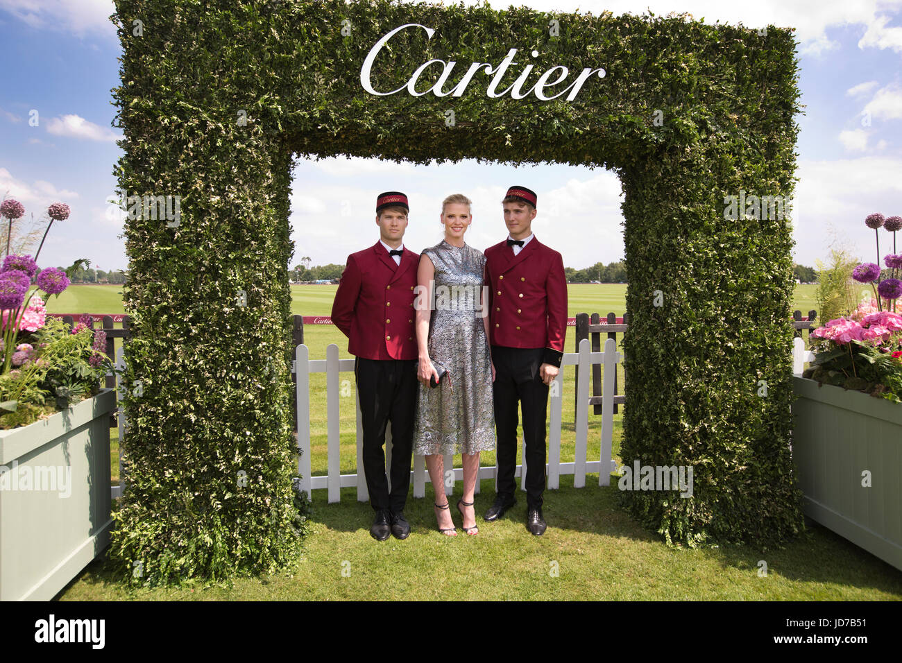 Cartier Queen's Cup Polo, Guards Polo Club, Egham, Surrey, UK 18th June 2017 Lara Stone with  Bell Boys from Cartier enjoying the hot weather within the VIP enclosure at this years Cartier Queen's Cup Polo Final. Credit: Clickpics/Alamy Live News Stock Photo