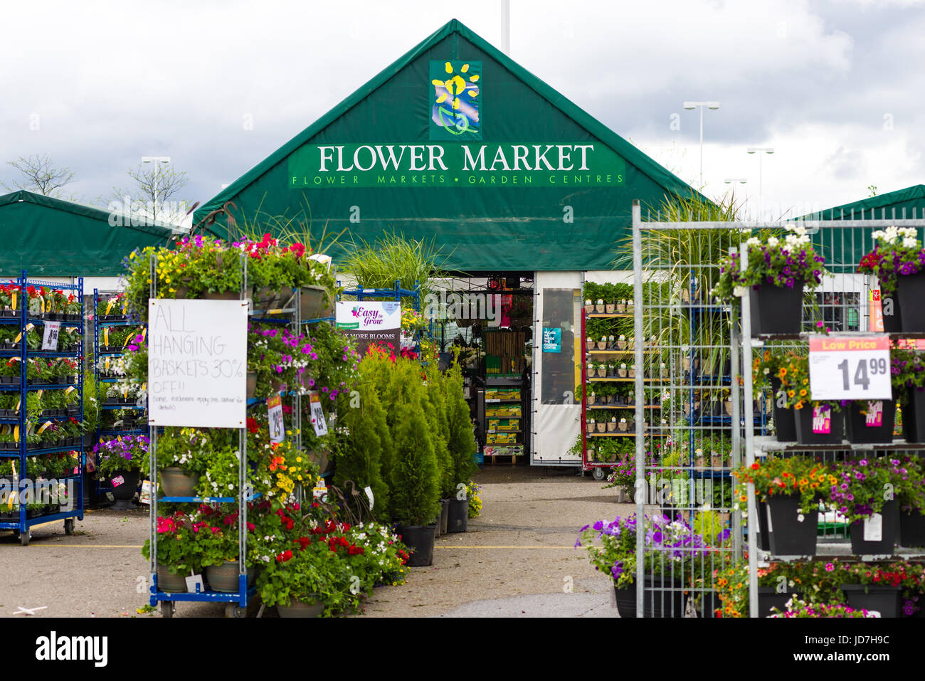 Flower Market Shop Brand Logo On Building Exterior Stock Photo