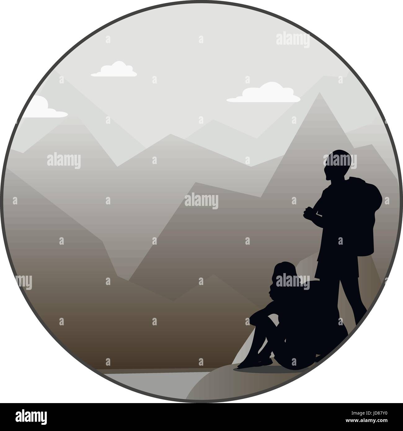 Young man and woman walking on a mountain trail and looking at a horizon Stock Vector