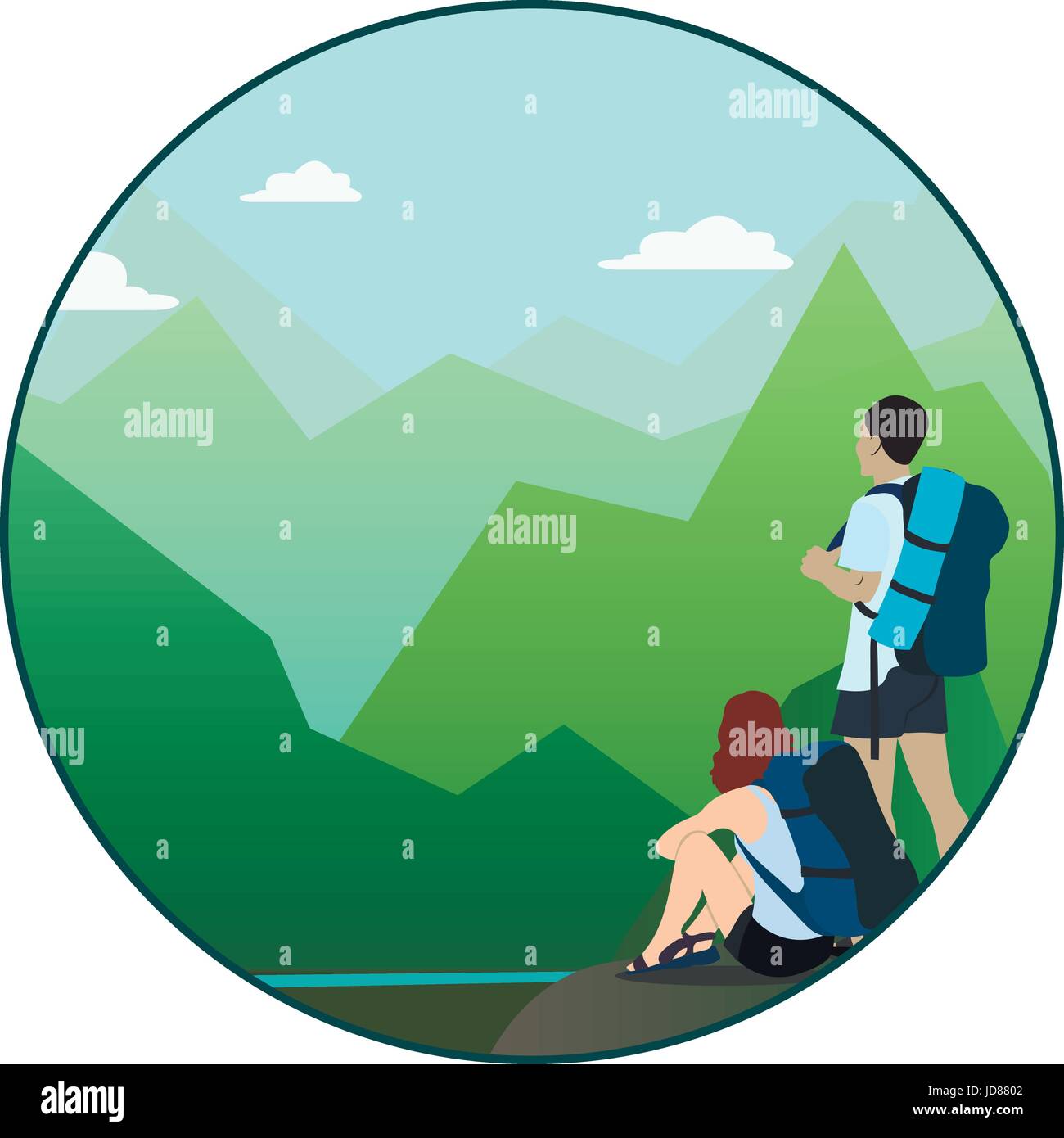 Man and woman walking on a mountain trail and looking at a horizon Stock Vector