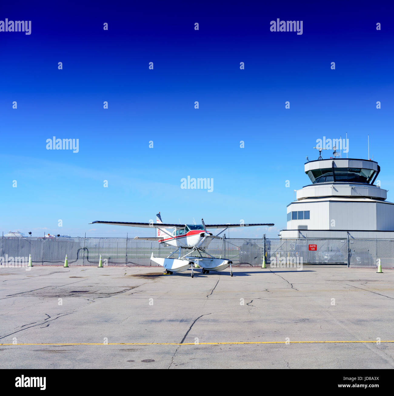 Stationary float plane on runway with control tower in background. aerial picture from ontario canada 2016 Stock Photo