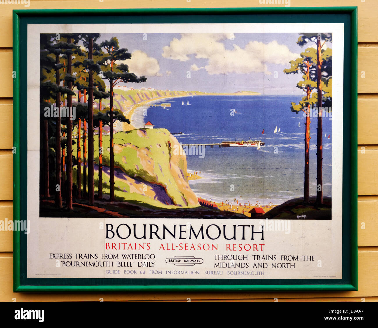 Old fifties style British Railways poster for Bournemouth on the Swanage steam railway Stock Photo